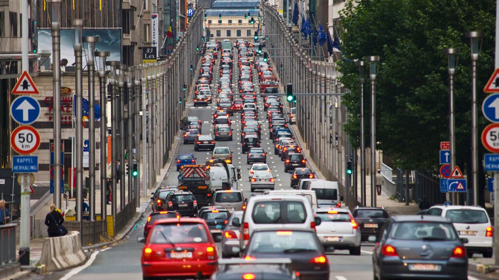 Line of traffic through urban landscape